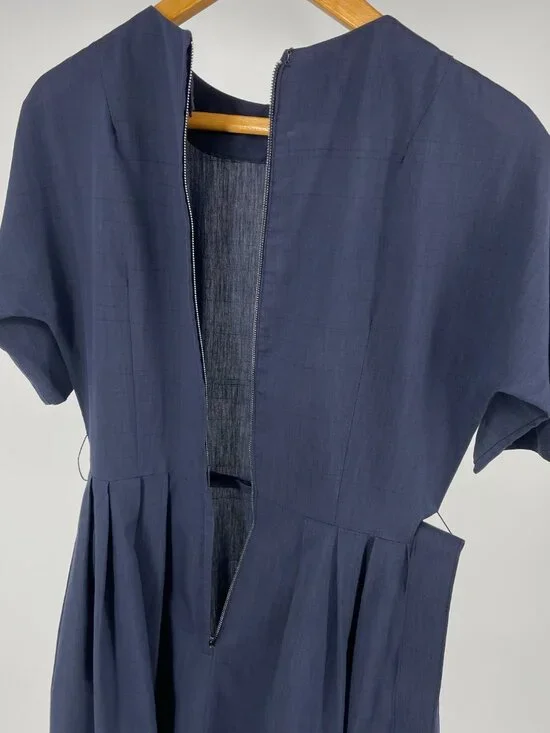 Vintage 60s Blue Fit & Flare Midi Dress Union Made Metal Zipper Retro S/M - Picture 7 of 10